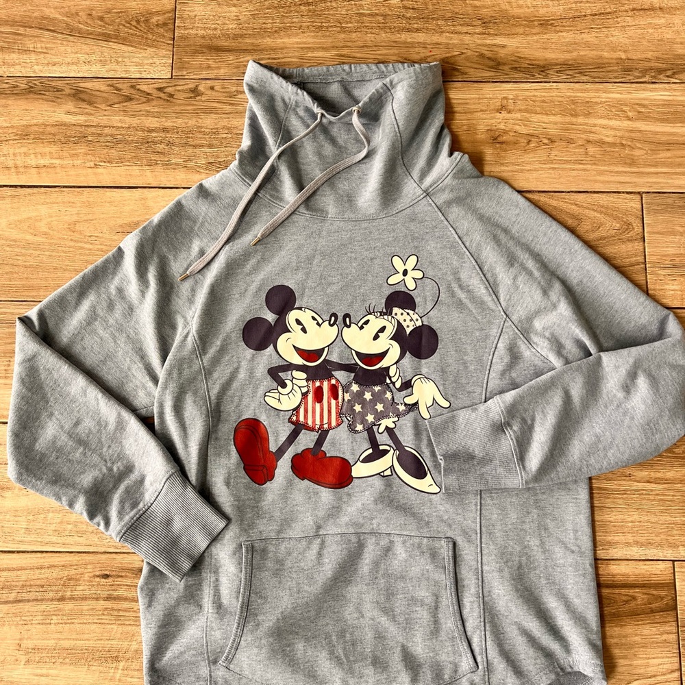 Disney Women’s  Light Blue Patriotic Mickey and Minnie Cowl Neck Sweatshirt L